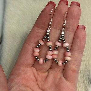 Native American Sterling Silver Navajo Pearl Pink Conch Hoop Dangle Earrings